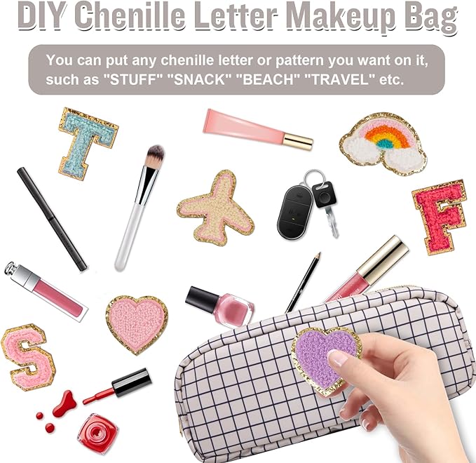 Nylon Slim Makeup Bag, Cute Makeup Brush Bag Checkered Makeup Bag Preppy Cosmetic Zipper Pouch for Purse, Travel Toiletry Bag Coin Pouch Make Up Organizer for Women Men Girls