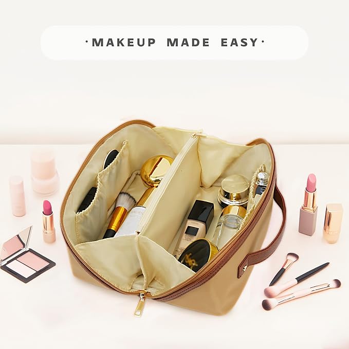 Travel Makeup Bag – Large Cosmetic Organizer with Waterproof Nylon, Smooth Double Zipper & Tear-Resistant Lining, Toiletry Pouch for Women (Khaki)
