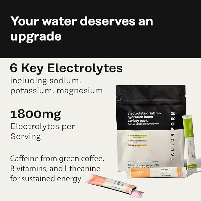 FACTOR FORM Hydration Boost Electrolyte Powder Packets | Sports Drink Mix with Vitamin C, D, B6 & B12 for Energy & Immunity | No Added Sugar | 5 Calories (15 Packets, Variety Pack)