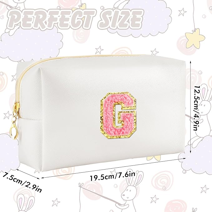 Initial Makeup Bag Personalized Preppy Travel Small Cosmetic Bag Cute PU White Chenille Letter Makeup Pouch for Purse Waterproof Zippered Toiletry Organizer for Women Girls Kids Friends (G)