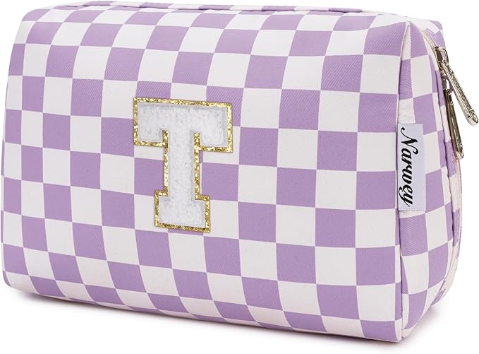 Narwey Birthday Gifts for Women Teen Girls Kids Personalized Initial Makeup Bag Monogram Preppy Cosmetic Bag Trendy Stuff 6 8 10 11 12 13 14 16 18 Years Old Travel Toiletry Bag (Purple Letter T)