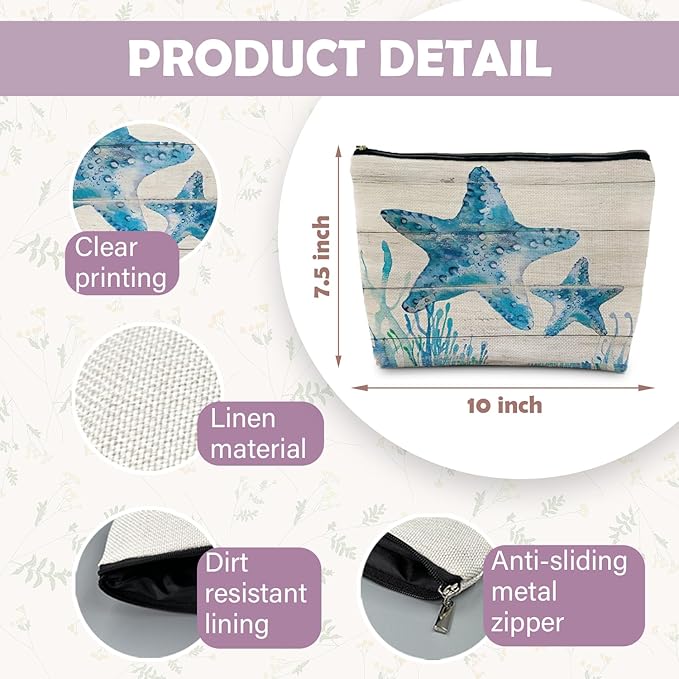 Ocean Starfish Beach Makeup Bag, Marine Life Sea Animals Cosmetic Bags for Women, Ocean Themed Gifts