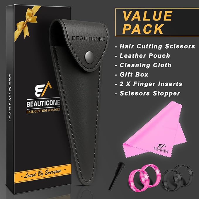 BEAUTICONE ® Hair Cutting Scissors - High Carbon SS 6.5" Professional Barber-Grade Salon Shears with Serrated & Razor Edge - Black Premium Gift Box with Leather Pouch & Extra Accs - Ultra Lightweight