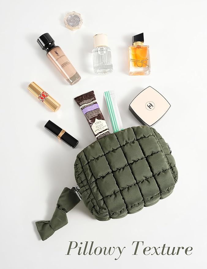 Yarnic Quilted Makeup Bag Cosmetic Bag, Travel Toiletry Bag for Women, Cute Makeup Bag Organizer Puffer Makeup Pouch (S, Olive Green)