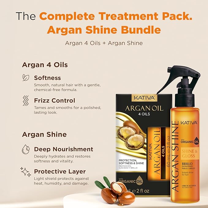 Bundle Argan Shine Hair Treatment 4 oz + Argan Oil 2 oz (2 Pack) – Organic Argan Oil for Intense Shine, Smoothness & Hair Protection