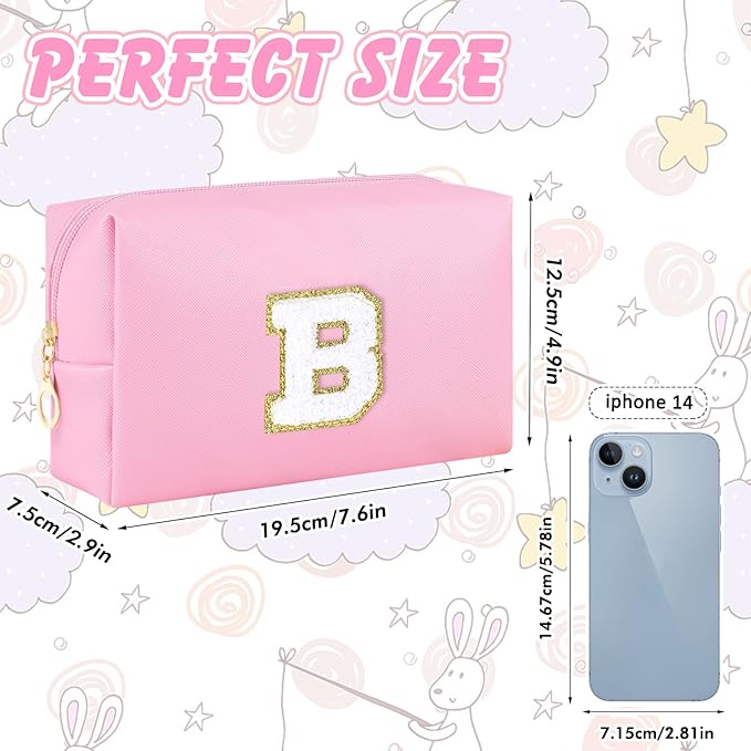 Initial Makeup Bag Personalized Preppy Travel Small Cosmetic Bag Cute PU Pink Chenille Letter Makeup Pouch for Purse Waterproof Zippered Toiletry Organizer for Women Girls Kids Friends（B）