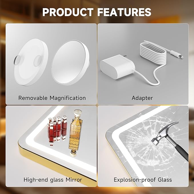 Hasipu Vanity Mirror with Lights, 27.6" x 20" LED Makeup Mirror, Lighted Makeup Mirror with Dimmable 3 Modes, Touch Screen Control Vanity Mirror Round Gold