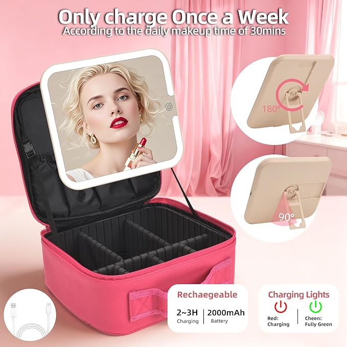 Travel Makeup Bag with LED Mirror,Removable Mirror with 3 Color Modes,Portable makeup travel organizer for Women,Makeup Case with 8 Adjustable EVA Dividers,Cosmetic Train Case with Lighted Mirror