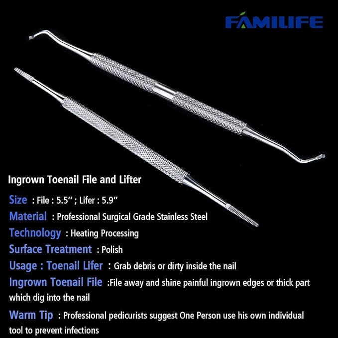 FAMILIFE Ingrown Toenail File and Lifter, 2pcs Ingrown Toenail Tool Double Sided with Storage Case Professional Corrector 100% Stainless Steel Removal Pedicure Kit