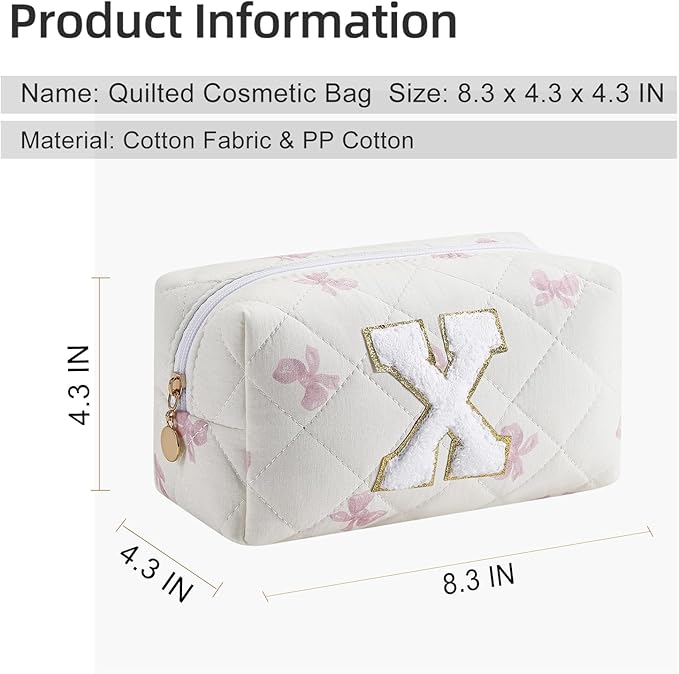 Gleyemor Personalized Initial Makeup Bag for Women, Cute Quilted Pink Floral Cotton Cosmetic Bag, Christmas Gifts for Her Mom Friend Sister Bridesmaid Teacher Women X