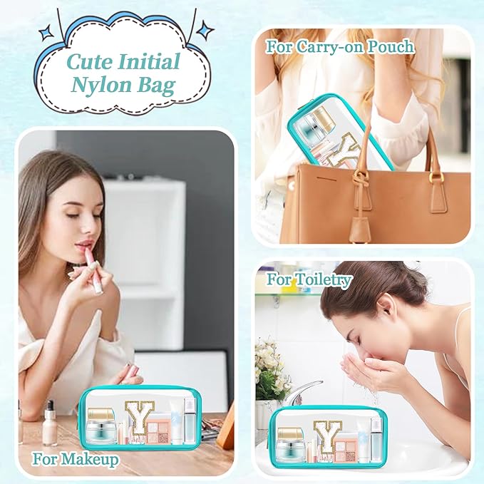 Small Clear Personalized Initial Makeup Bag, Preppy A-Z Chenille Letter Patch Cosmetic Bag, Cute Transparent Nylon Waterproof Zipper Beach Varsity Letter Pouch, Gift for Women Girls(Cyan-White Y)