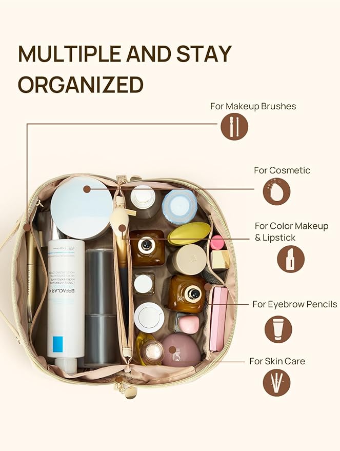 Telena Leather Make Up Bag Portable Travel Makeup Bag Waterproof Cosmetic Bags for Women Large Capacity With Handle and Divider Open Flat