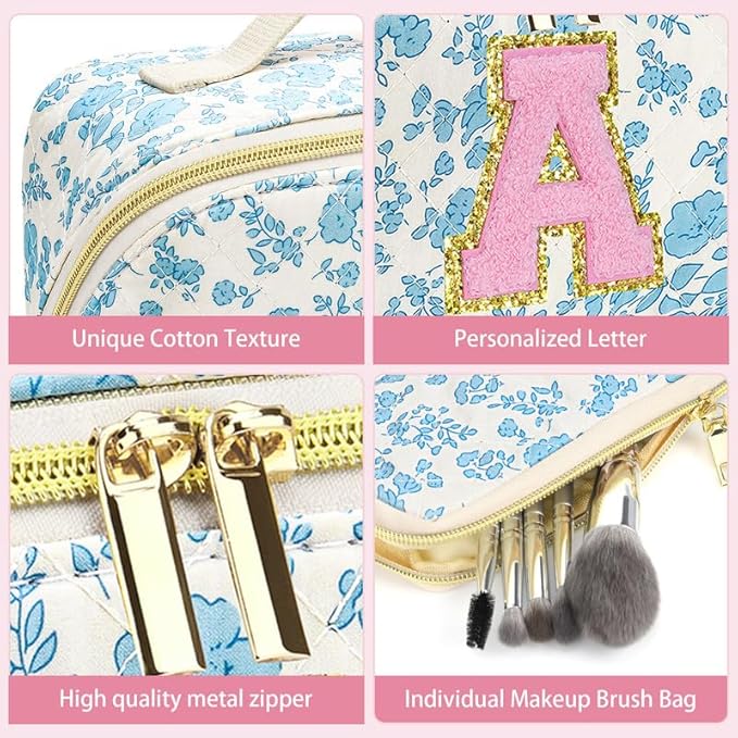 Personalized Travel Makeup Bag Set,Initial Travel Cute Floral Makeup Organizer Bag,Toiletry Skincare Cosmetic Bag,Christmas Gifts for Women/Girls,Open Flat Toiletry Pouch with Brush Pocket-R