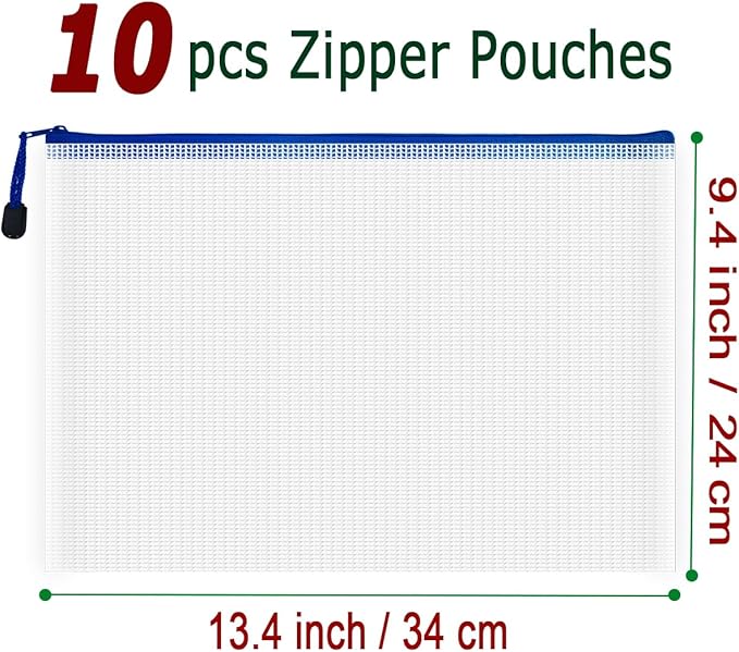 AUSTARK 10 Pcs Zipper File Bags, Waterproof Plastic Mesh Pouch for Office School, Board Game Storage Bags (A4 Size 13.4''x9.4'', White and Blue)