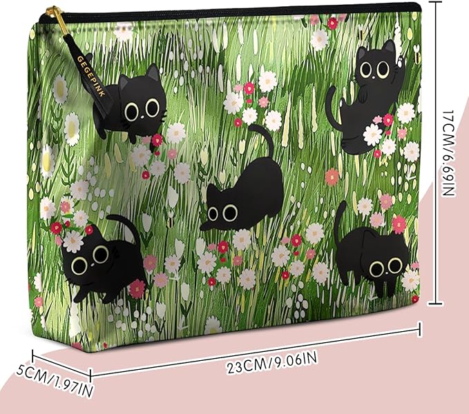 Cute Makeup Bag for Purse Waterproof Cosmetic Bags for Women Funny Smooth Zipper Travel Toiletry Pouch 10X8 Inches-Black Cat Floral Makeup pouch