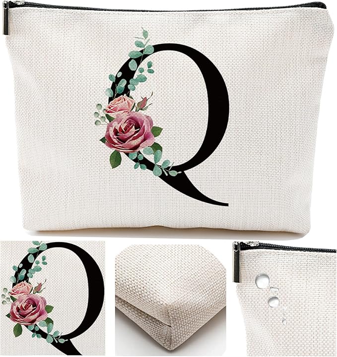 Initial A-Z Personalized Letter Makeup Bag, Monogrammed Bridesmaid Gifts/Presents Cosmetic Bag, Portable Stationery Storage Organizer Pouch, Friendship Love Travel Makeup Bags