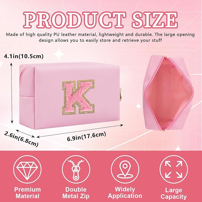 Iqimott Personalized Initial Letter Patch Makeup Bag, Preppy Small Chenille Letter Cosmetic Bag with Zipper, PU Leather Waterproof Travel Toiletry Bag Monogram Make Up Pouch for Women Girls(Letter K)
