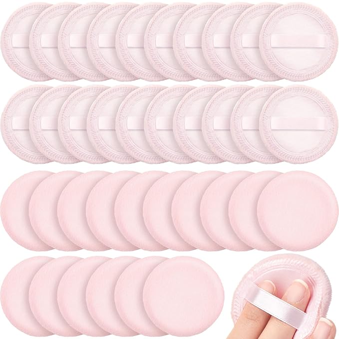 40 Pcs Cotton Powder Puffs Bulk Washable, 2.36 Inch Round Makeup Dusting Powder Puff with Ribbon for Face Body Cosmetic, Pink