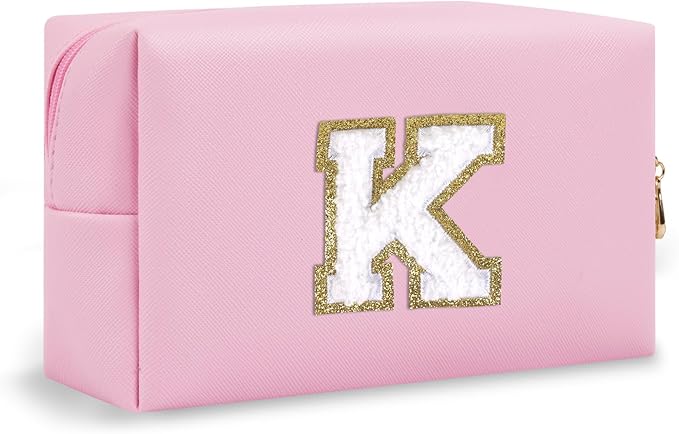 Personalized Small Preppy Makeup Bag, Chenille Letter Pink Initial Cosmetic Pouch Travel Toiletry Organizer, Waterproof PU Leather Make Up Storage Travel Essentials for Women Friendship(Letter K)
