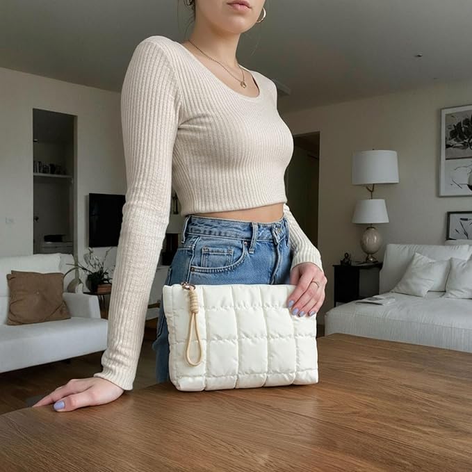 Puffer Quilted Makeup Bag Travel Cosmetic Bag Portable Puffy Checkered Toiletry Pouch Skincare Organizer Purse Pencil Case (White)