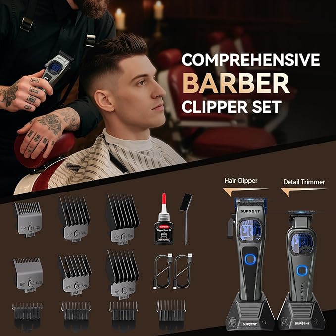 SUPRENT Professional Hair Clippers for Men - Cordless Barber Clippers & Zero-gapped Trimmer Set, Haircutting Kit with 10000 RPM Motor Speed, Blue Titanium-Coated Blades, Charging Stands (Gray)