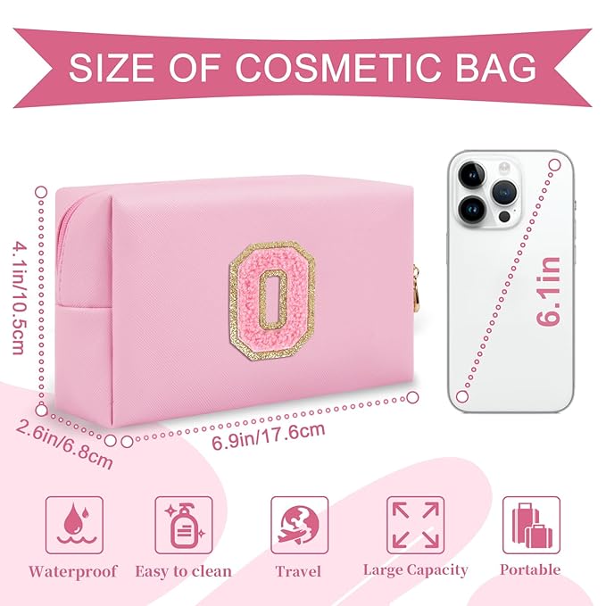Personalized Initial A-Z Preppy Patch Makeup Bag,Small PU Leather Chenille Letter Cosmetic Bag with Zipper for Teen Girls,Pink Cute Travel Toiletry Bag,Birthday Monogrammed Gift for Daughter,Letter O