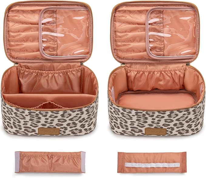 Montana West X Wrangler Travel Makeup Bag 2pcs Set Large Cosmetic Bag with Makeup Brush Holder Portable Make Up Organizer Cute Toiletry Bag with Divider and Handle for Women Leopard