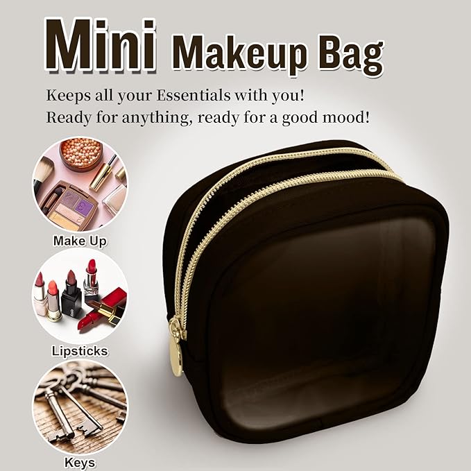 Nylon Mini Clear Makeup Organizer Bag for Purse, Small Cute Black Makeup Bag Preppy Cosmetic Zipper Pouch Purse, Waterproof Travel Coin Pouch Sanitary Napkin Storage Bag Clutch for Women Girls(Brown)
