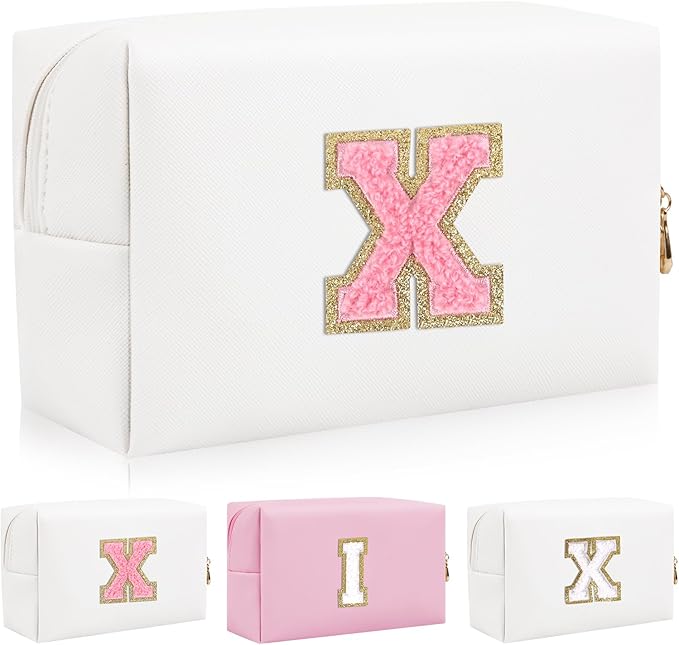 Iqimott Personalized Initial Letter Patch Makeup Bag, Preppy Portable Chenille Cosmetic Bag with Zipper, PU Leather Waterproof Travel Toiletry Bag Monogram Make Up Pouch for Women Girls(Letter X)