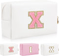 Iqimott Personalized Initial Letter Patch Makeup Bag, Preppy Portable Chenille Cosmetic Bag with Zipper, PU Leather Waterproof Travel Toiletry Bag Monogram Make Up Pouch for Women Girls(Letter X)