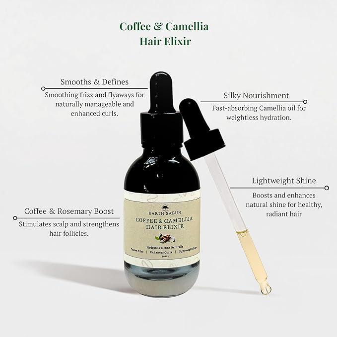 Coffee & Camellia Hair Oil - Lightweight Scalp & Hair Treatment - Smooths Frizz, Adds Shine & Softens Ends - Silicone-Free, Natural Oils - 1 fl oz / 30 mL