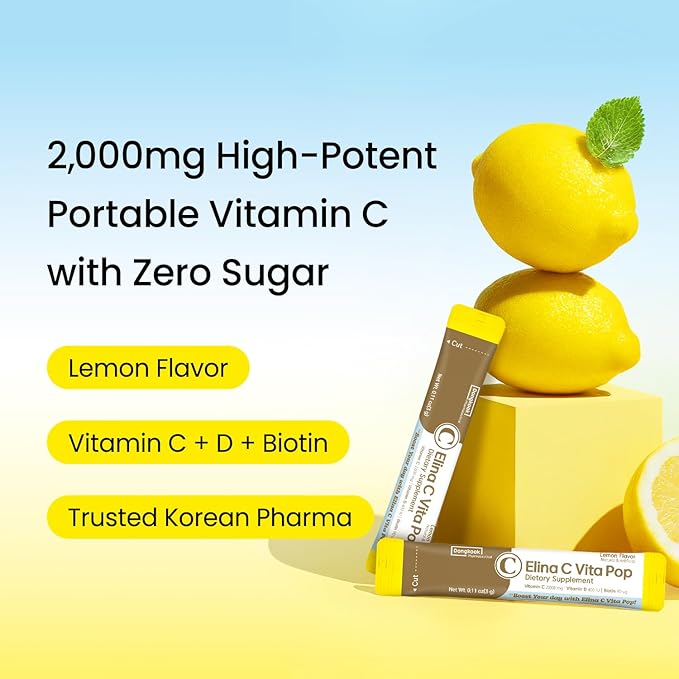 Vita Pop Vitamin C 2,000mg Korean High-Potency Daily Portable Zero Sugar Lemon Flavor Vitamin D & Biotin for Adults & Kids – Vitamin C Supplement for Immune Support, 100 Packets