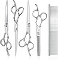 JASON Professional 6 in 1 Dog Scissors Set - 6.5" Thinning, 7" Straight, 7" Up-Curved, 7" Down-Curved Shears and Comb for Cat & Pet (Silver)