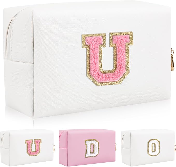Personalized Initial Letter Patch Makeup Bag, Preppy Portable Chenille Letter Cosmetic Bag with Zipper, PU Leather Waterproof Travel Toiletry Bag Monogram Make Up Pouch for Women Girls(Letter U)