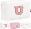 Personalized Initial Letter Patch Makeup Bag, Preppy Portable Chenille Letter Cosmetic Bag with Zipper, PU Leather Waterproof Travel Toiletry Bag Monogram Make Up Pouch for Women Girls(Letter U)