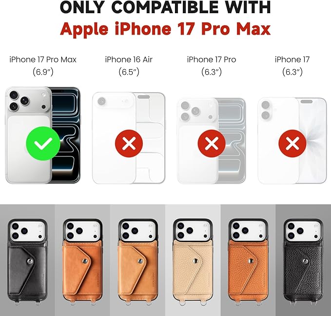 LUCKYCOIN Crossbody Wallet Phone Case for iPhone 17 Pro Max,100% Genuine Leather Wallet Phone Case with Expandable Flip Card Holder,Phone Purse for Women with Adjustable Removable Strap - Pebble Beige