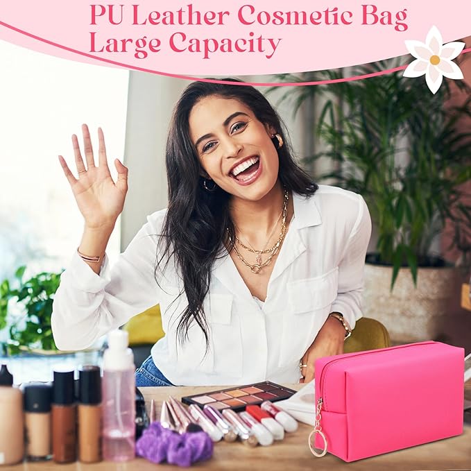 Chunful 24 Pcs Preppy Makeup Bag PU Leather Cosmetic Bag Bulk Makeup Plain Pouch Waterproof Toiletry Purse for Women Traveling Preppy Pencil Case Travel Purse Cosmetic (Rose Red)