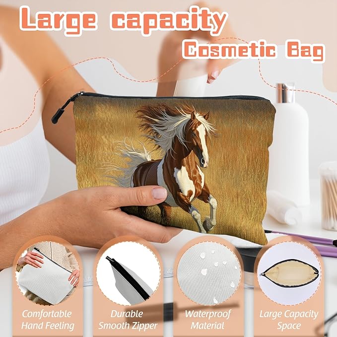 Cosmetic Bags Travel Makeup Toilet Case Waterproof Pouch for Women Girls 6.7X9.45inches - Horse Galloped on The Golden Grass