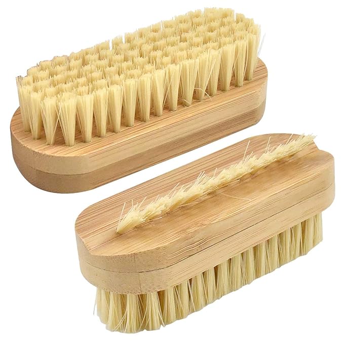 2 Pcs Bamboo Nail Brushes, Two Side Hand Nail Brush with Tampico Fiber Bristle, Small Finger Nail Brush for Toes Nails Fingertips Hands Home Salon Use