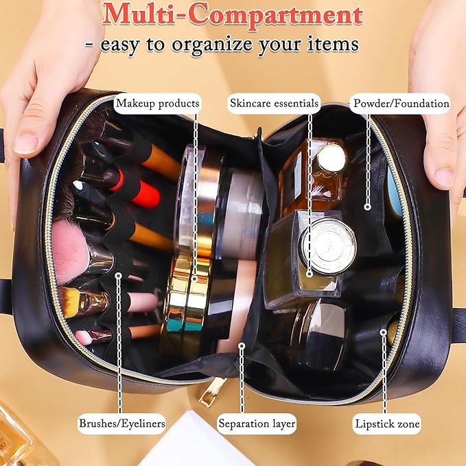 Travel Makeup Bag, Large Flat-Open Cosmetic Bag Make Up Organizer Case for Women, Waterproof PU Leather Toiletry Bag with Brush Compartment Skincare Pouch for Toiletries Accessories