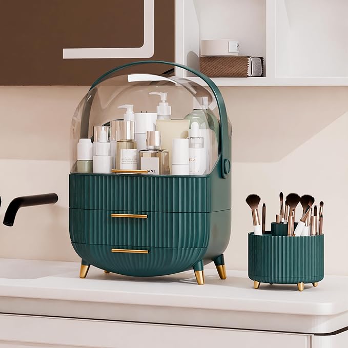 Makeup Organizers and Storage Make up Organizer for Vanity Cosmetics Skincare With Lid and Drawers Display Cases for Countertop Bathroom Women Teenager Girl Gifts(Dark Green+Brush Holder)