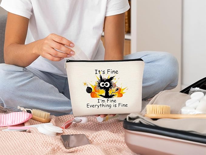 Funny Cat Makeup Bag,Its Fine Im Fine Everythings Fine,Black Cat Cosmetic Bag,Fire Keep Calm Cute Small Pouch,Birthday Gift,Coworker Gifts