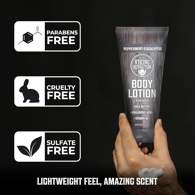 Viking Revolution Peppermint Eucalyptus Body Lotion for Men –Mens Lotion for Dry Skin with Shea Butter, Hyaluronic Acid and Vit B5 –Nourishing Mens Body Lotion for Hydrated and Smooth Skin(8oz,1 Pack)