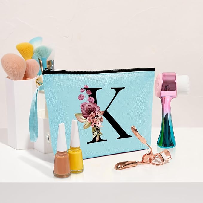Vavabox A-Z Personalized Makeup Bag, Birthday Gifts for Women Mom, Gifts for Best Friend, Bride Bridesmaid Cosmetic bag (K, Green)