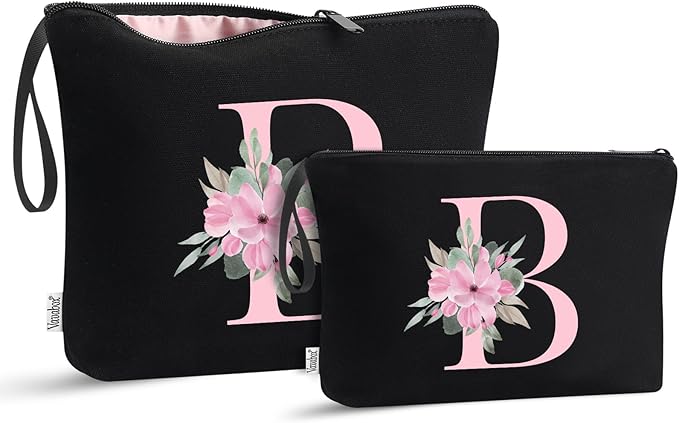 Vavabox A-Z Personalized Makeup Bag, Birthday Gifts for Women Mom, Gifts for Best Friend, Bride Bridesmaid Cosmetic bag (B, 04-Black Set)