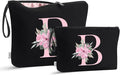 Vavabox A-Z Personalized Makeup Bag, Birthday Gifts for Women Mom, Gifts for Best Friend, Bride Bridesmaid Cosmetic bag (B, 04-Black Set)