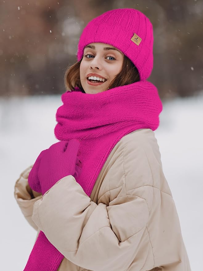 Winter Beanie Hat Scarf Gloves, Warm Fleece Knit Hat Long Scarf Neck Warmer Touch Screen Winter Gloves Set Gifts for Women