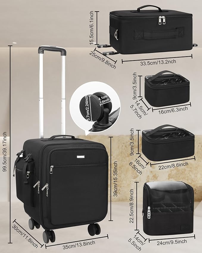 Relavel Rolling Makeup Case–Professional Makeup Train Case,Makeup Artist Travel Bag with Wheels,8-in-1 Portable Travel Beauty Trolley Case for Cosmetology Storage(Black)