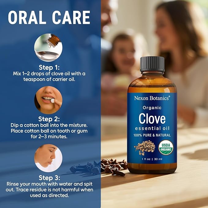 Organic Clove Essential Oil 30 ml - Pure, Natural, Undiluted for Toothache, Sore Muscles, Skin & Hair Care - Soothing Clove Bud Essential Oil - Nexon Botanics