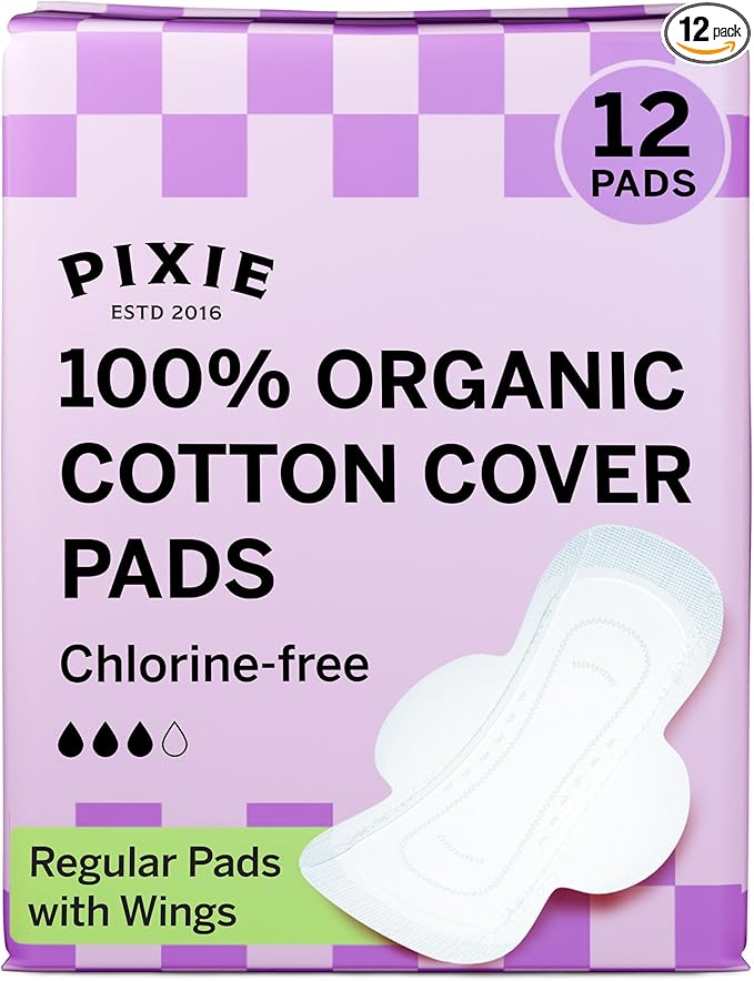 Pixie Organic Cotton Pads for Women - Ultra Thin with Wings, Leak-Proof & Moisture-Wicking for Feminine Care - Compostable, Unscented Menstrual Pads - Regular Absorbency - 12 Count